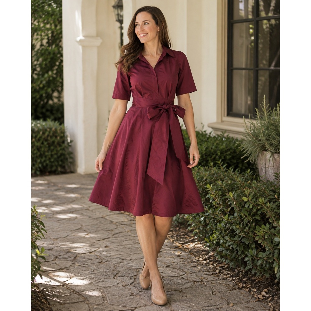 Shabby Apple Autumn Kimball Burgundy Fit Flare Shirt Dress Pockets Size 6